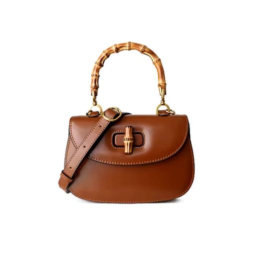 Design Bamboo Handbag Vintage Saddle Bag Luxury Genuine Leather Solid Crossbody Top-Handle Bag